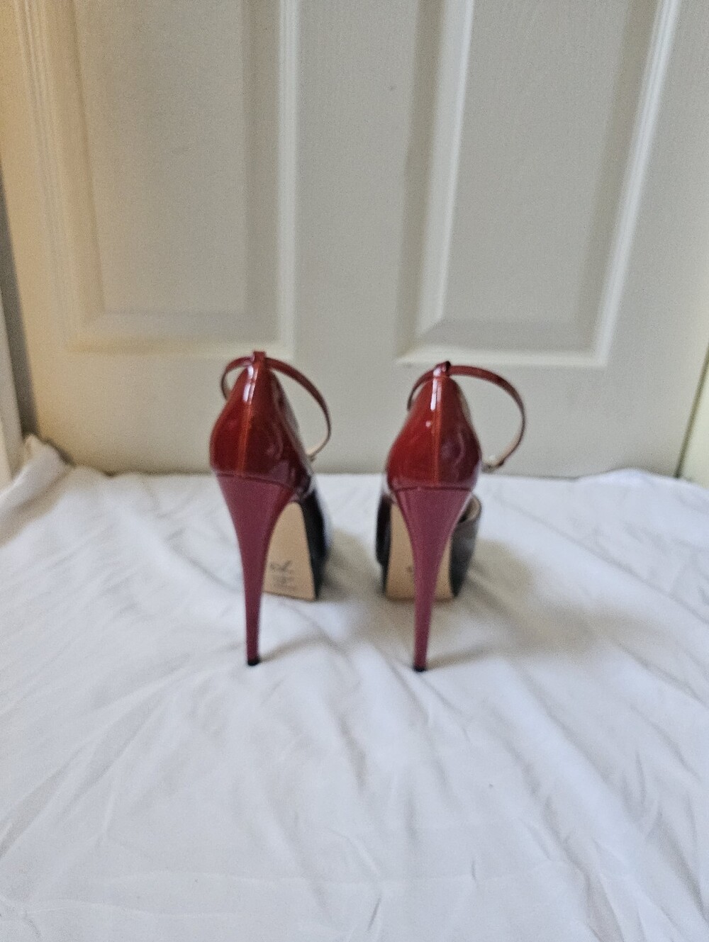 Merumote Size 6.5 Black Burgundy Patent Peep Toe Platform Stiletto Heels - Picture 7 of 11